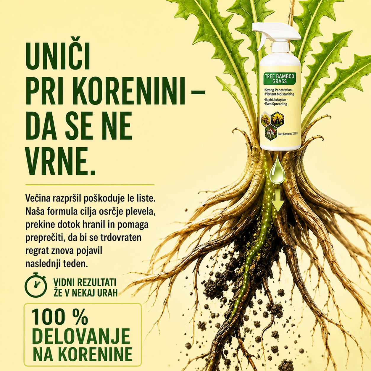 Hitrodelujoči naravni sprej proti plevelu in travi
