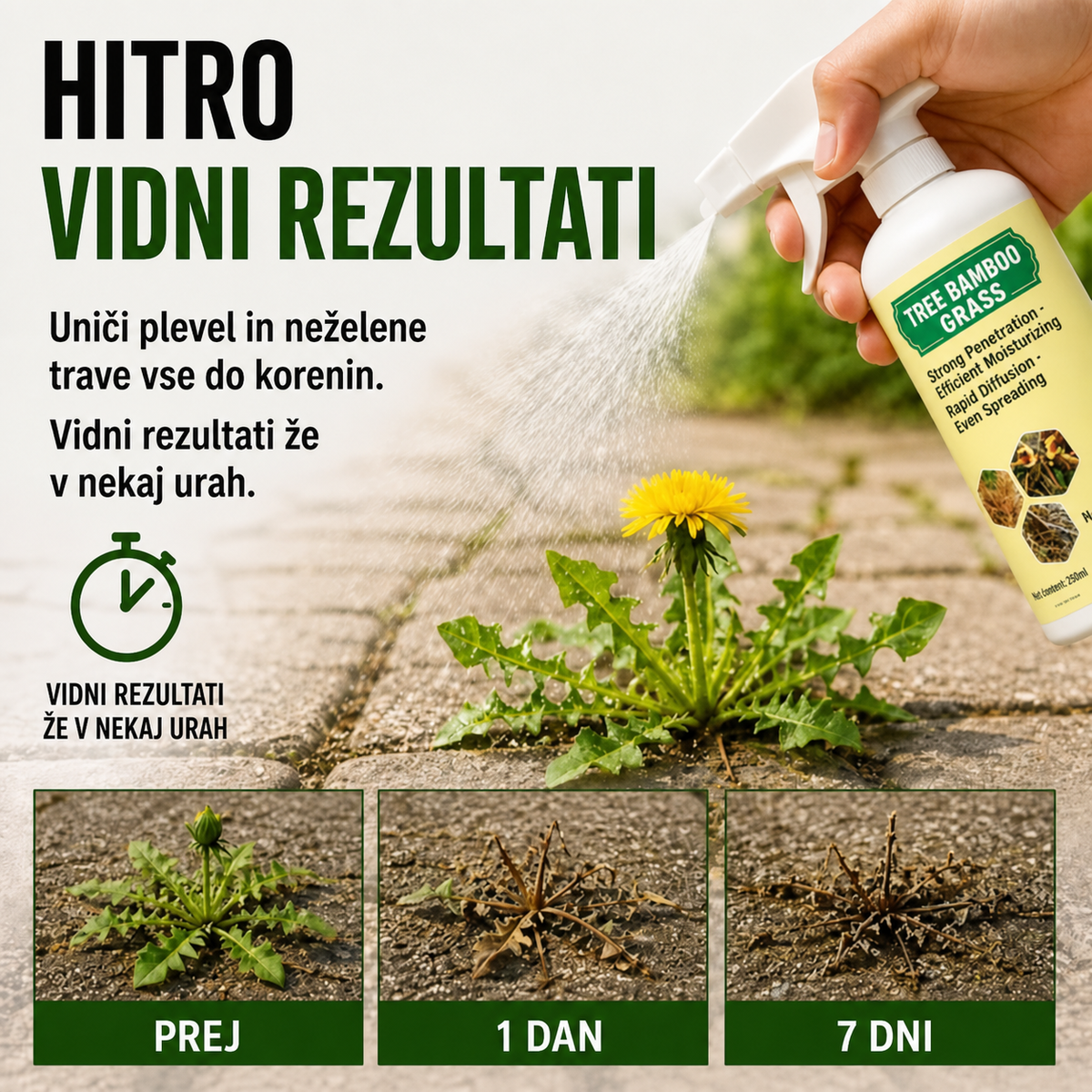 Hitrodelujoči naravni sprej proti plevelu in travi