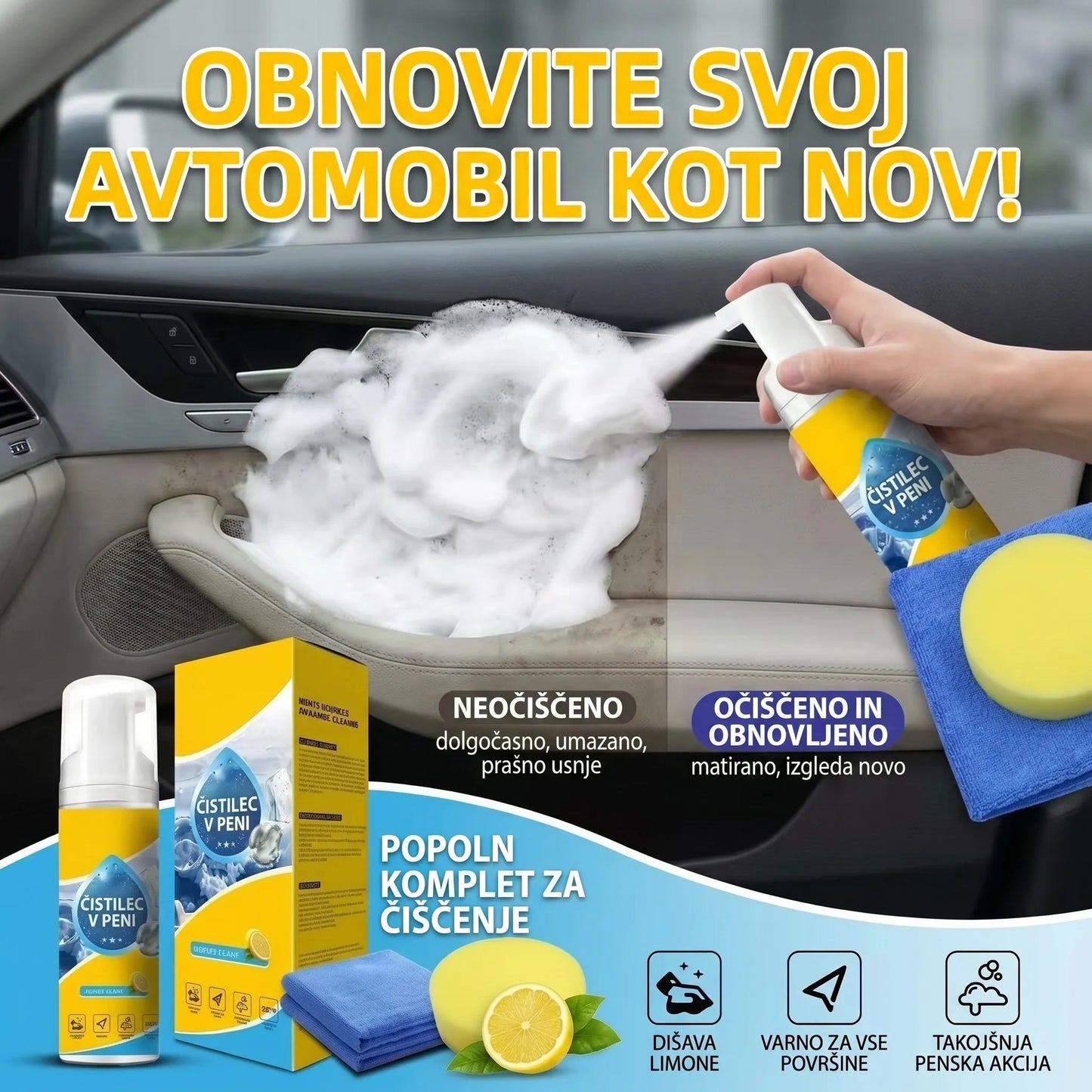 ⏳ ZADNJI DAN -80% 💥 4-v-1 Večencimska čistilna pena — Odstranjevalec madežev brez drgnjenja za avto in dom ✨